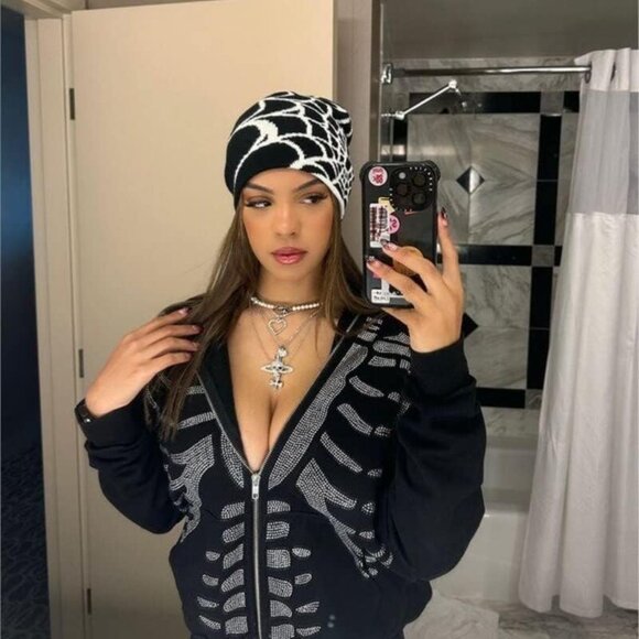 Y2K Gothic Spider Pattern Wool Acrylic Knit Beanie Unisex Winter Warm - Picture 2 of 7